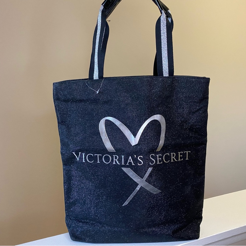 NWT Victoria’s Secret Glamour Glitter Tote Bag Hand Bag In Black Sparkle